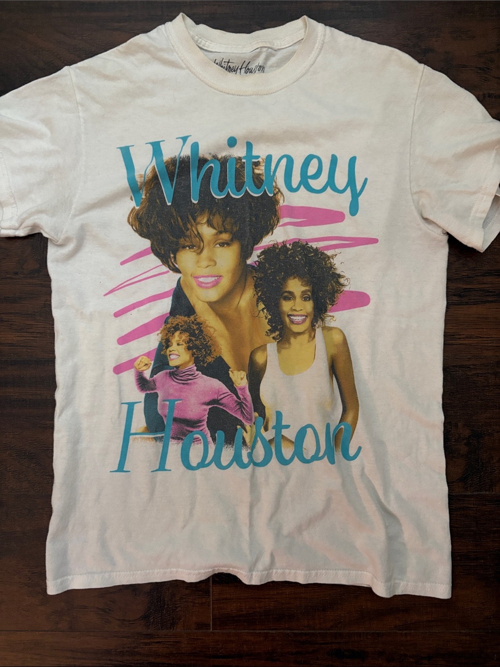 Whitney Houston Vintage Photo Band Tee - White with Teal & Pink Print